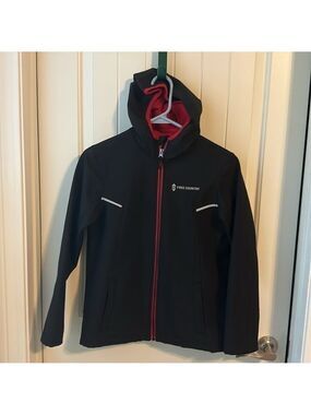 Free Country Youth Boys Hooded Soft Shell Jacket Size XL Black w/Red interior